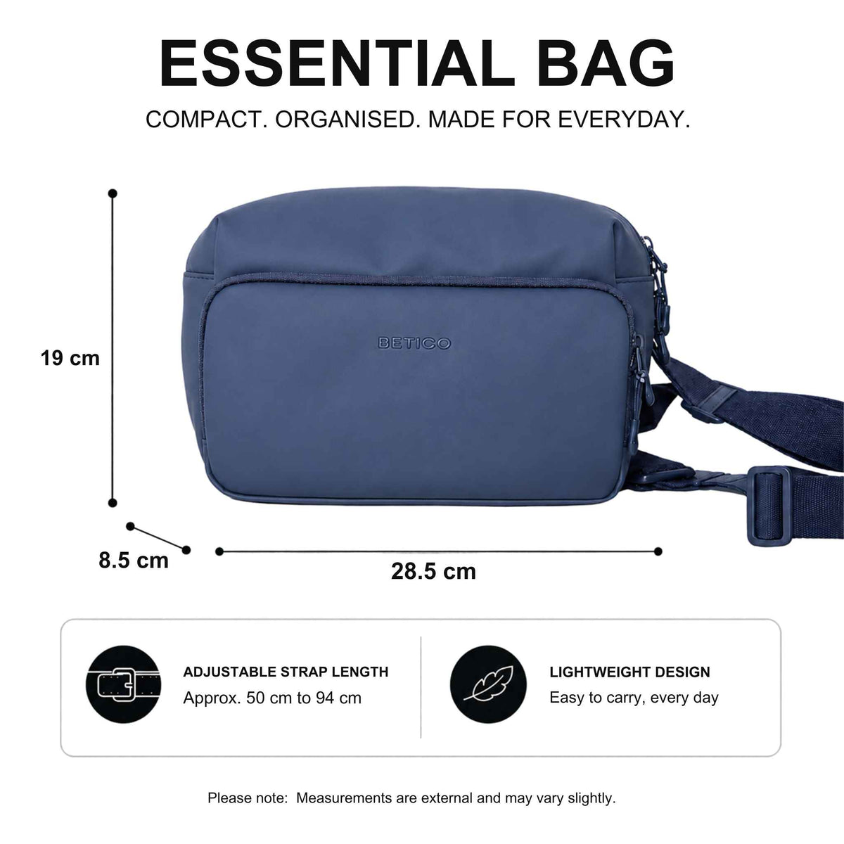 Blue Betico Essential Diabetes Bag dimensions: 28.5 cm wide, 19 cm high and 8.5 cm deep, with an adjustable 50–94 cm crossbody strap.