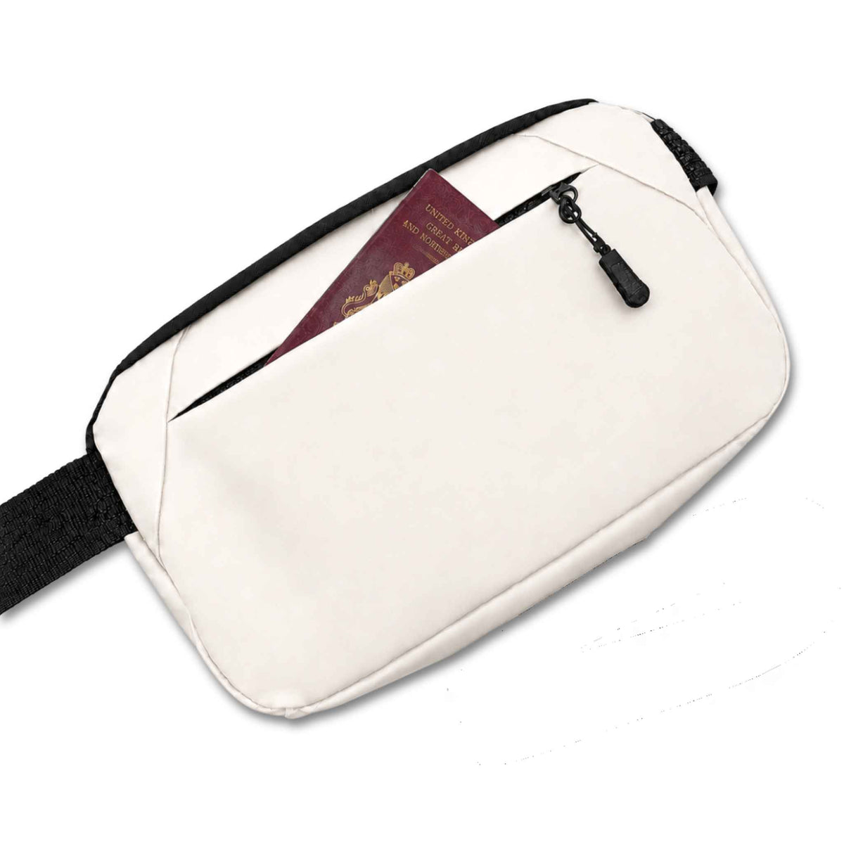 Cream and black Betico Essential Diabetes Bag shown from the back with the rear zip pocket open and a passport partly inserted.