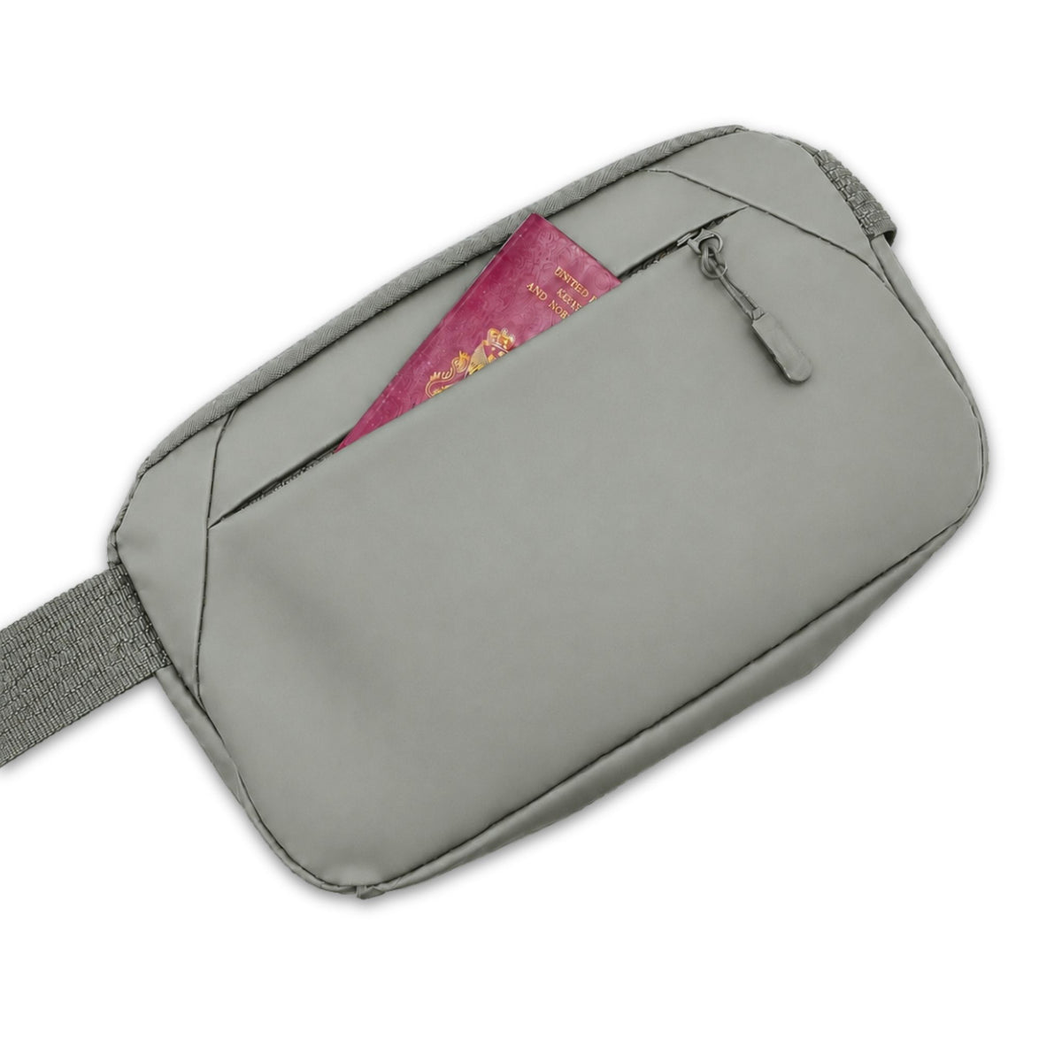 Green Betico Essential Diabetes Bag shown from the back with the rear zip pocket open and a passport partly inserted.