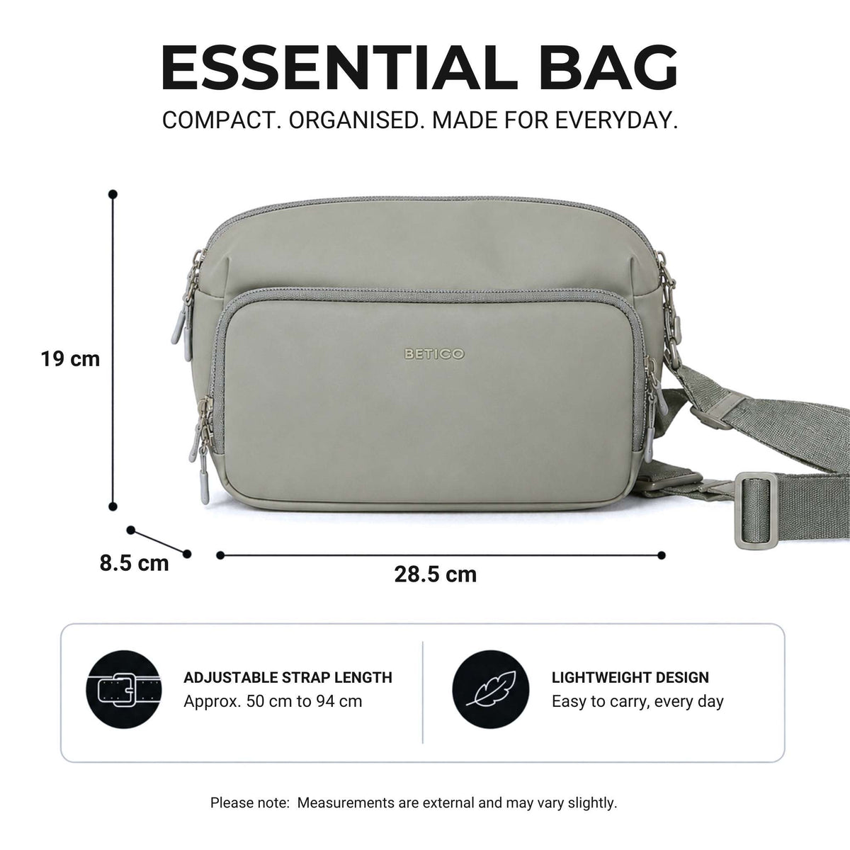Green Betico Essential Diabetes Bag dimensions: 28.5 cm wide, 19 cm high and 8.5 cm deep, with an adjustable 50–94 cm crossbody strap.