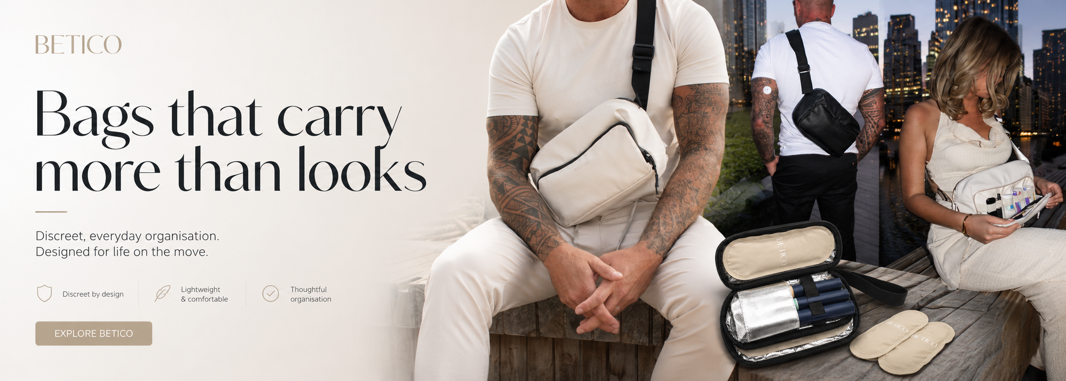 Betico homepage banner showing discreet crossbody organiser bags for everyday travel, diabetes accessories, wellness essentials and life on the move