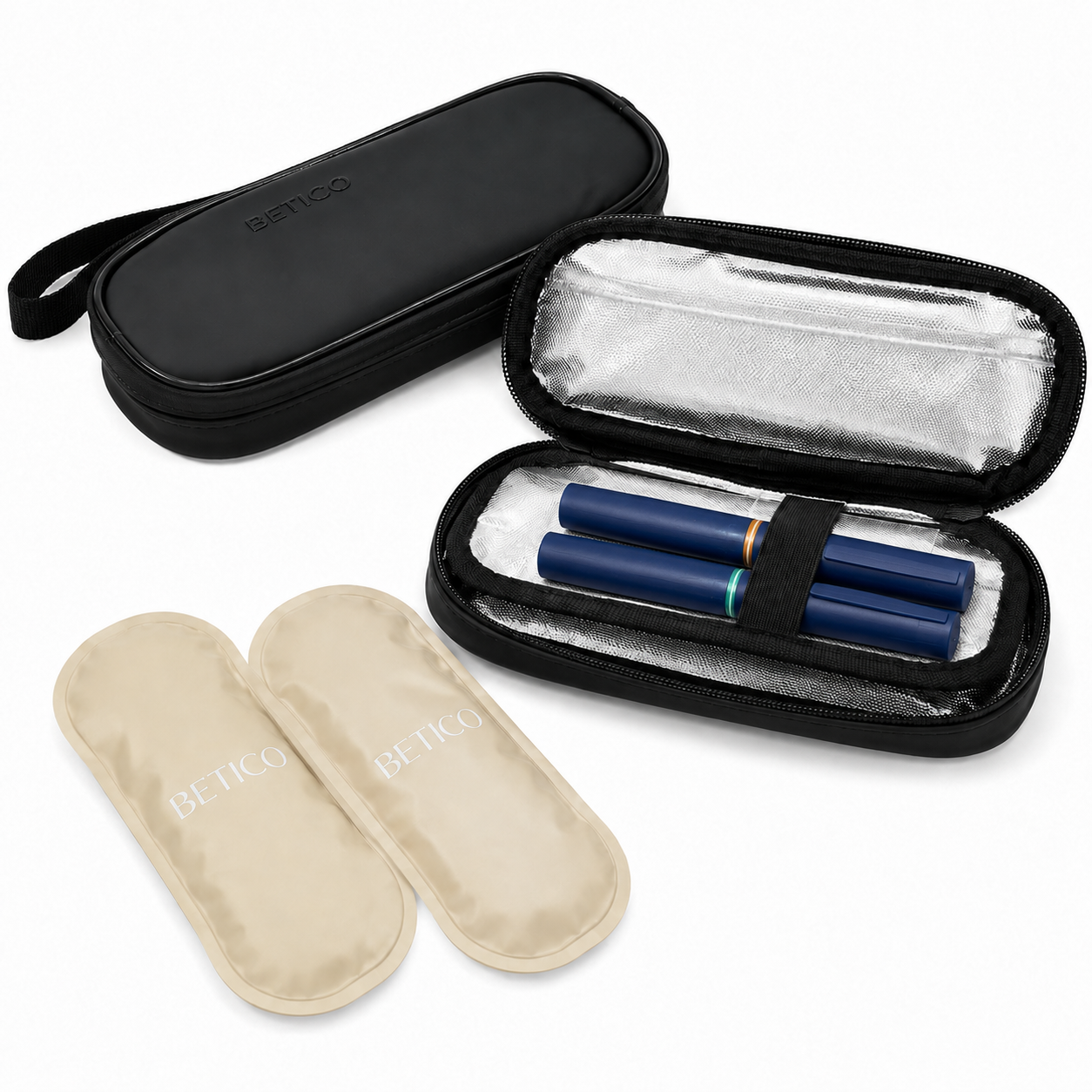 Betico insulated cool pouch with two reusable cool packs designed for organised everyday travel and temperature-conscious carrying of insulin pens, medication and wellness essentials
