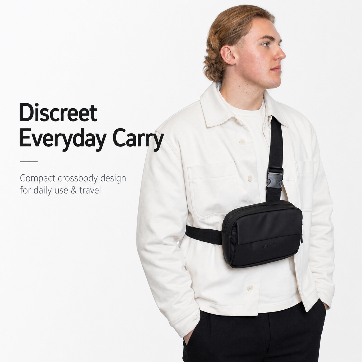 Person wearing the Betico Mini Essential Bag as a compact black crossbody bag for discreet everyday travel and organisation