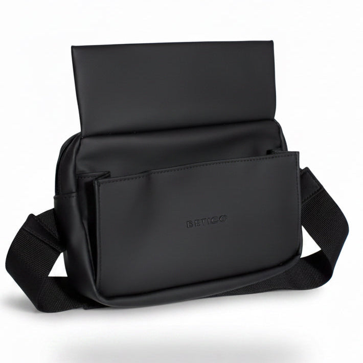 Close-up of the Betico Mini Essential Bag magnetic front pocket with discreet compact black crossbody design