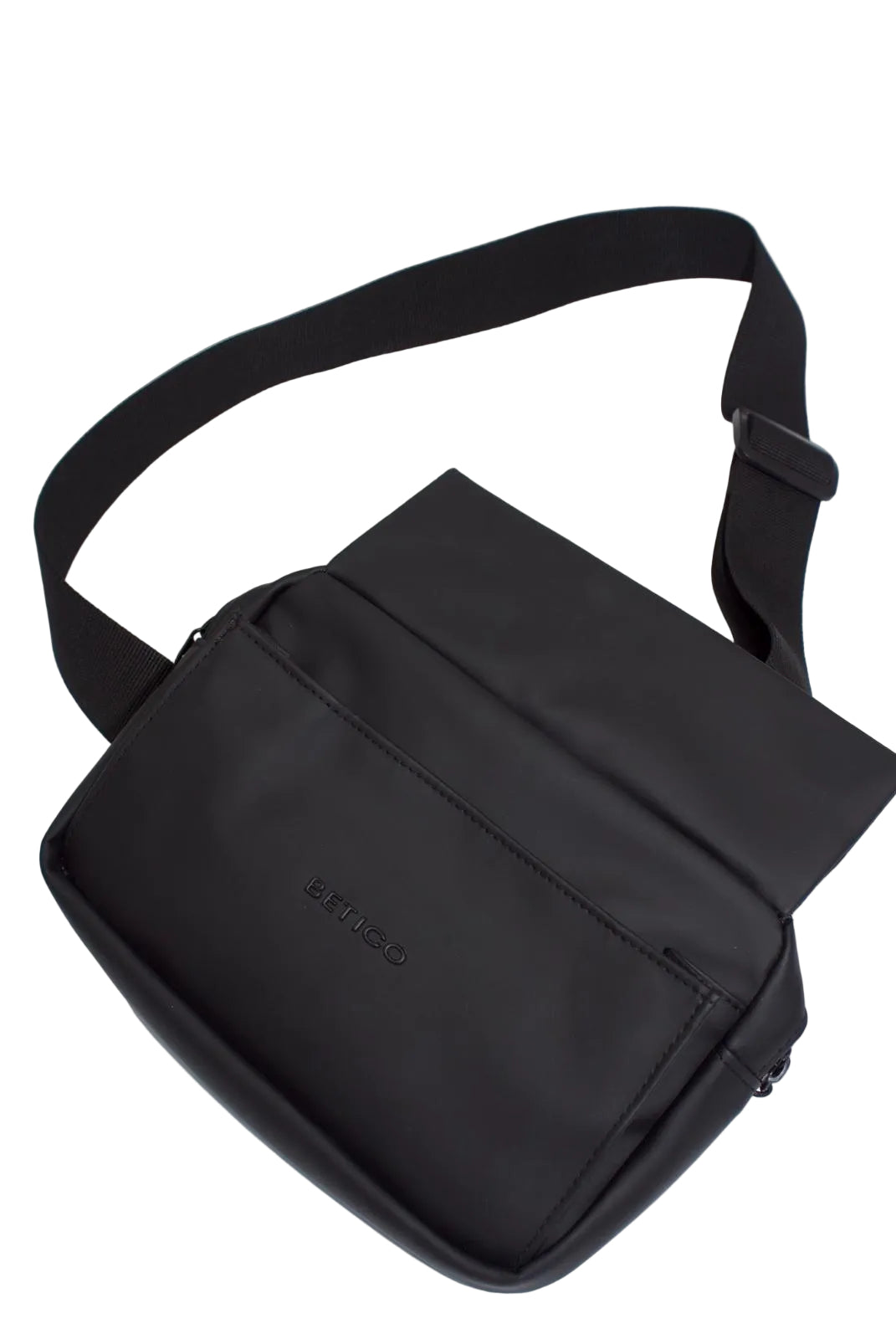 Black crossbody bag on a white background