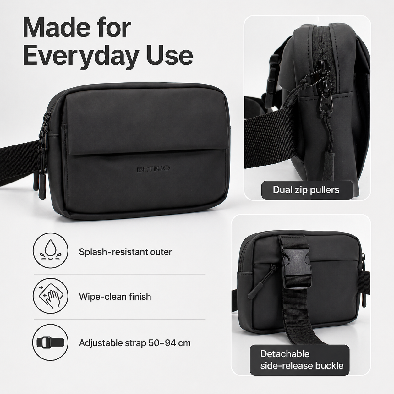 Betico Mini Essential Bag with wipe-clean water-resistant finish adjustable strap detachable buckle and dual zip pullers