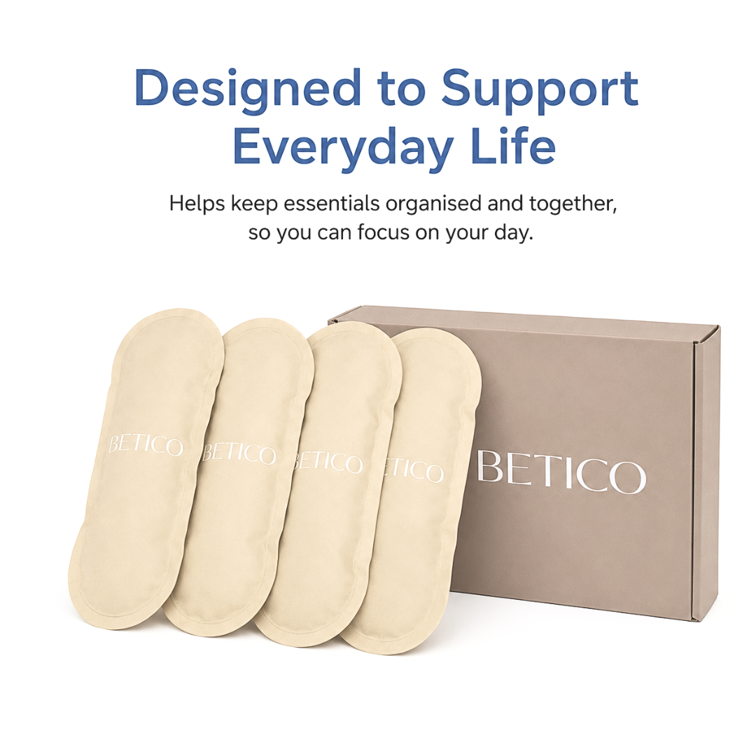 Betico reusable gel ice packs designed to support organised daily routines, insulated travel storage and convenient cooling-conscious carrying for medication and wellness essentials